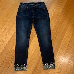 Miss Me Dark Blue Skinny Jeans with Embellished Hem